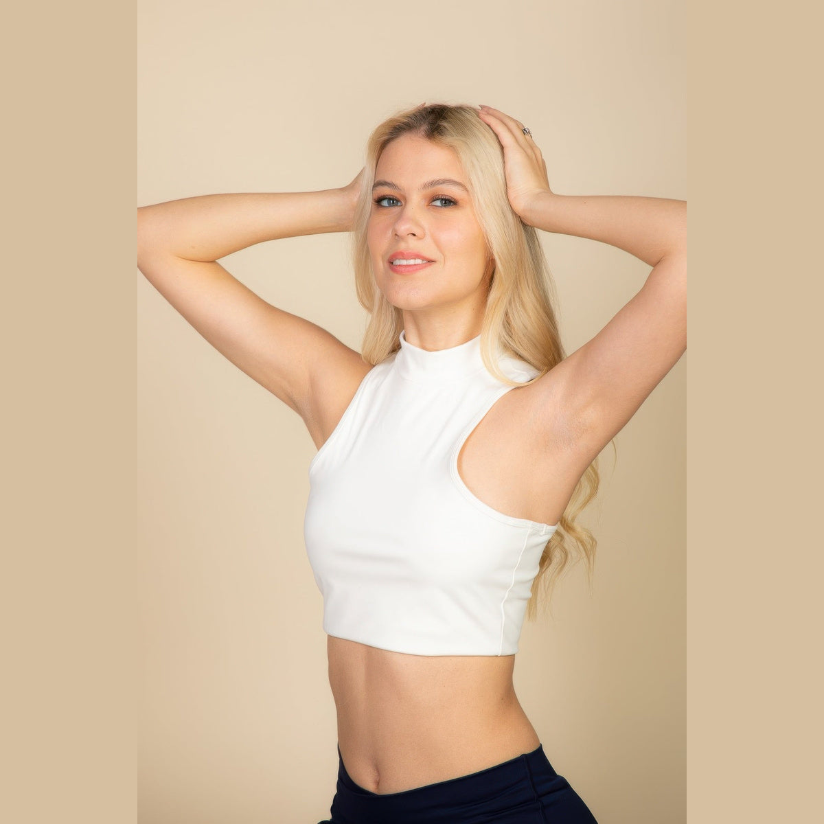 High-Neck Racerback Tank in white, neckline detail