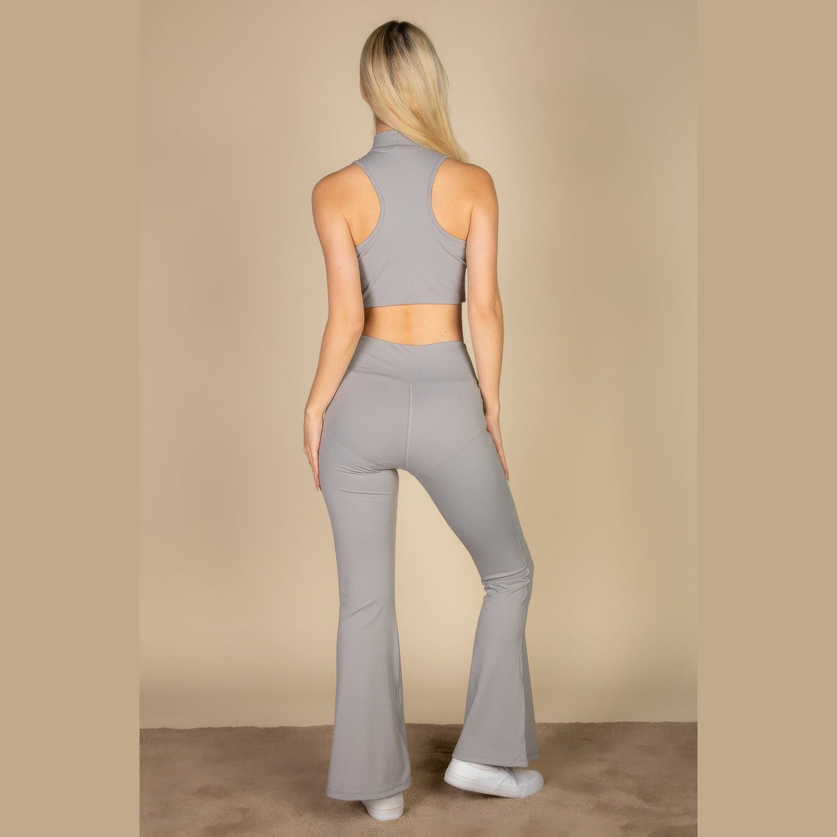 High-Neck Racerback Tank in cement gray, racerback detail