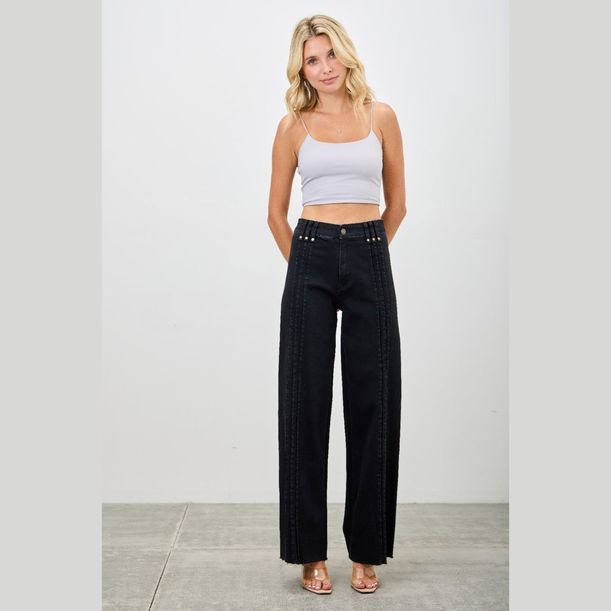 High-Rise Front-Seam Straight-Leg Jeans in black, back view
