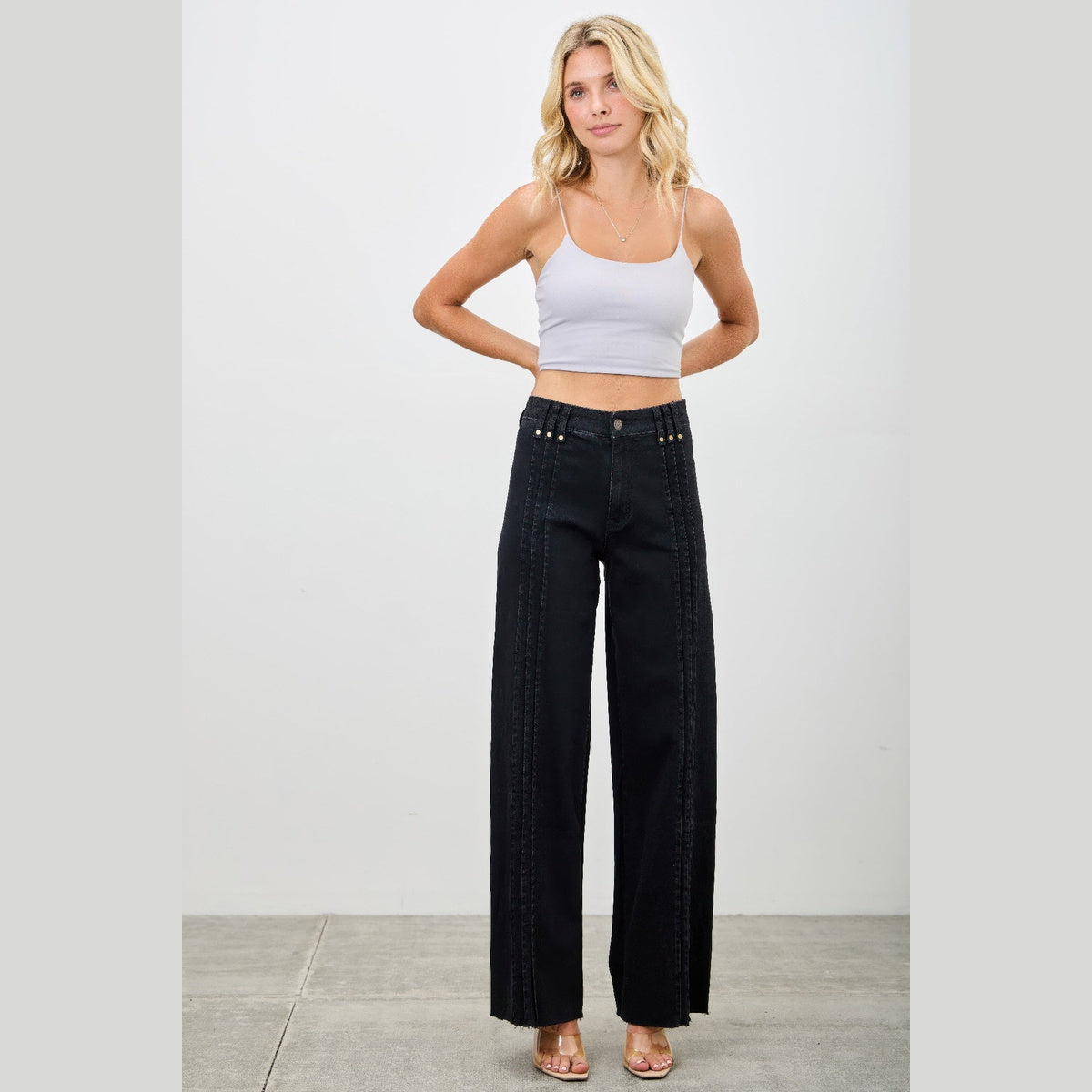 High-Rise Front-Seam Straight-Leg Jeans in black, front view
