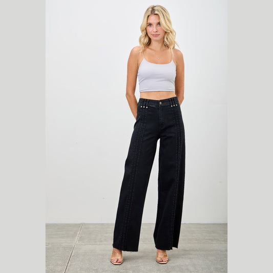 High-Rise Front-Seam Straight-Leg Jeans in black, full outfit