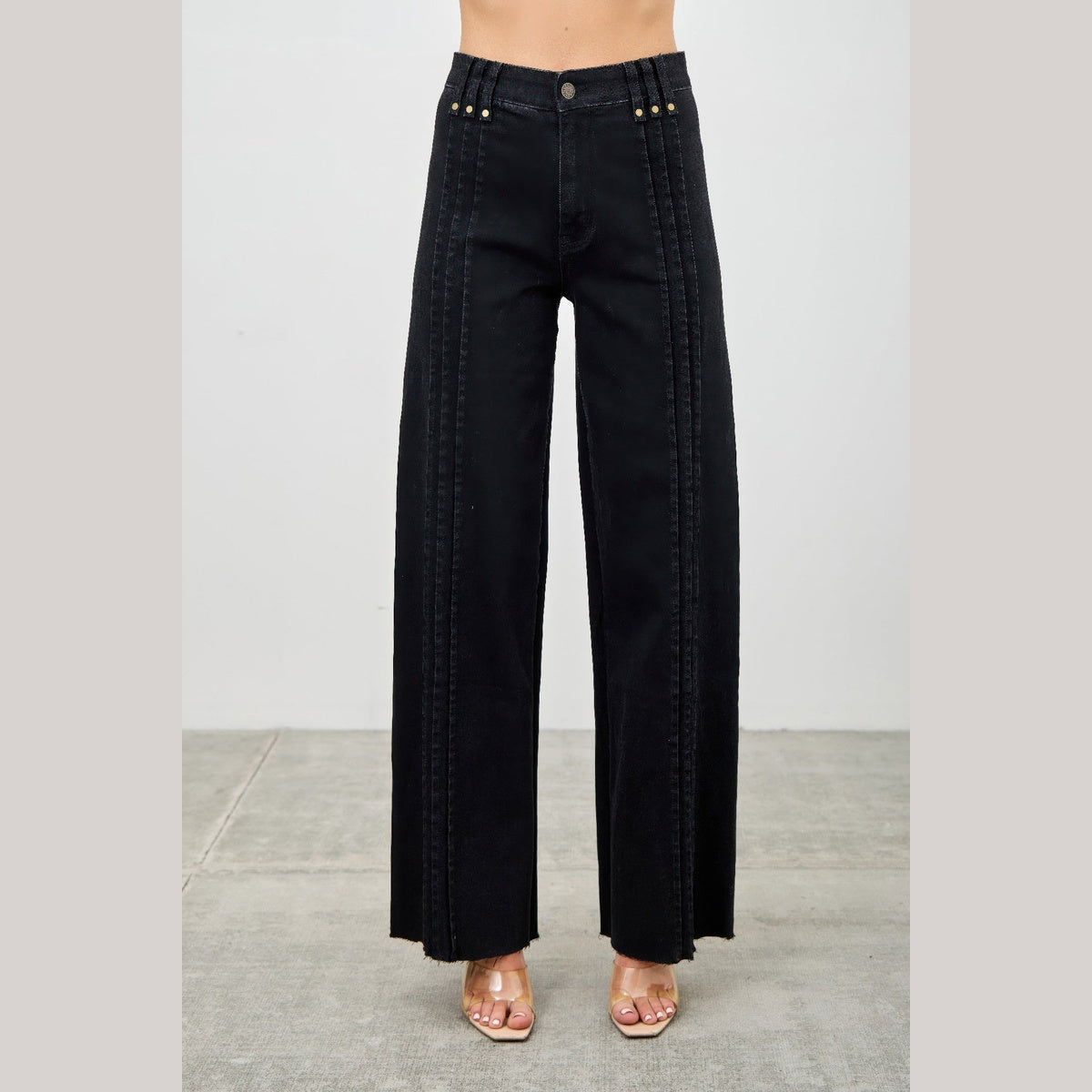 High-Rise Front-Seam Straight-Leg Jeans in black, front view