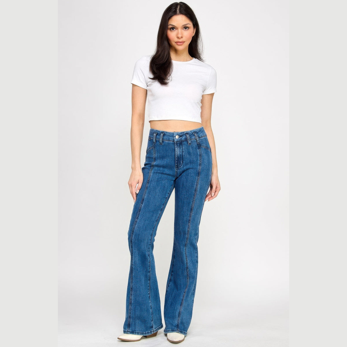 High-Rise Seam-Detail Bell-Bottom Jeans in blue, full outfit