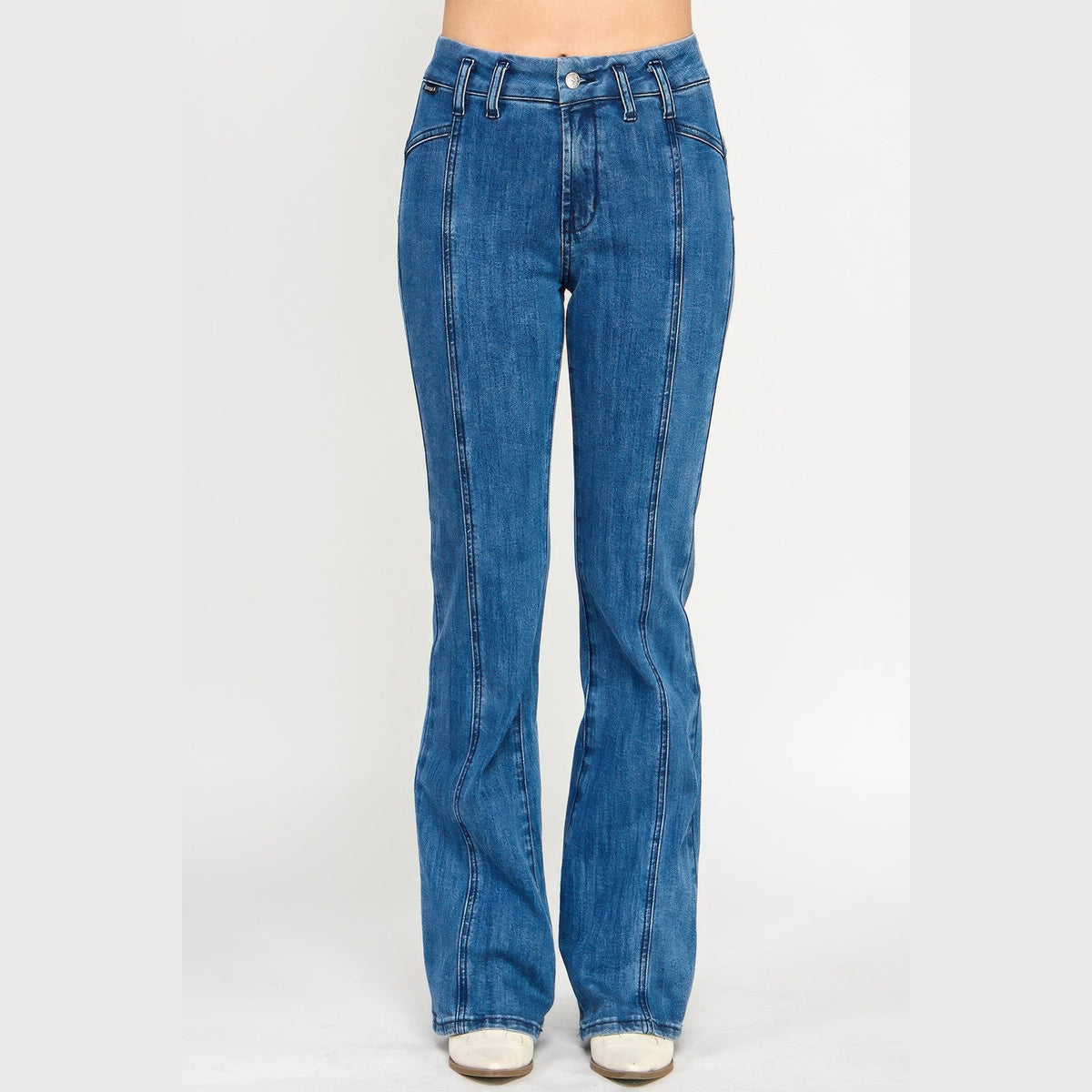 High-Rise Seam-Detail Bell-Bottom Jeans in blue, front view