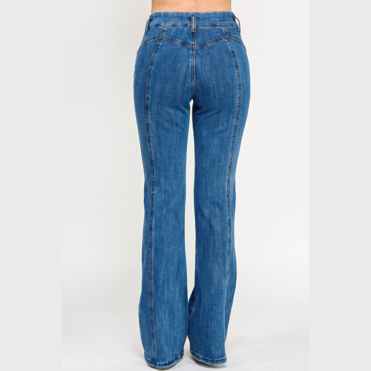 High-Rise Seam-Detail Bell-Bottom Jeans in blue, back view