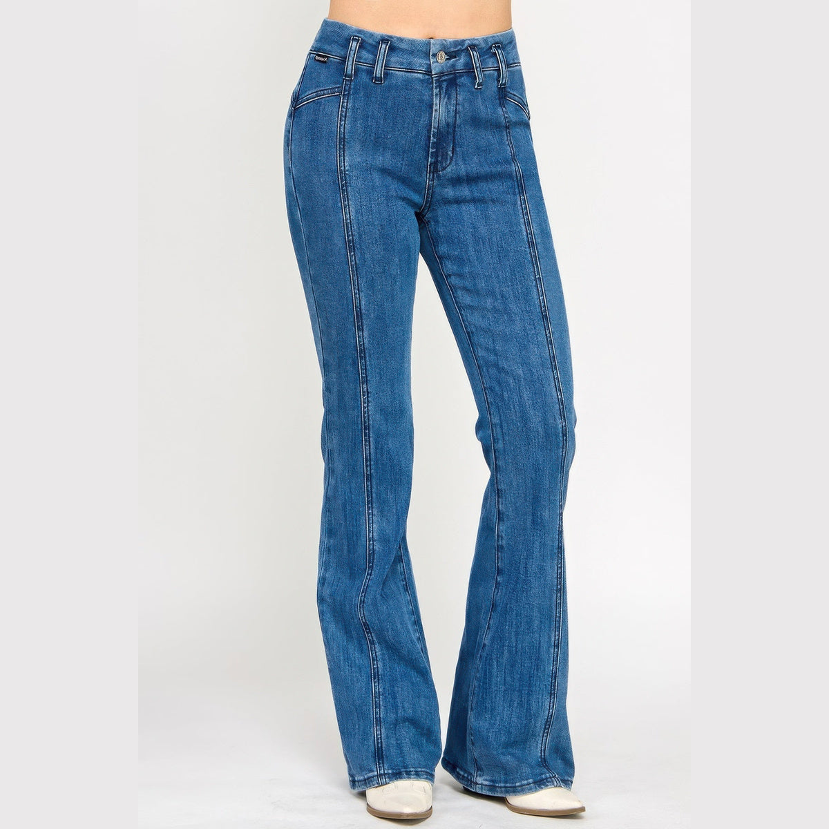High-Rise Seam-Detail Bell-Bottom Jeans in blue, front view on a model