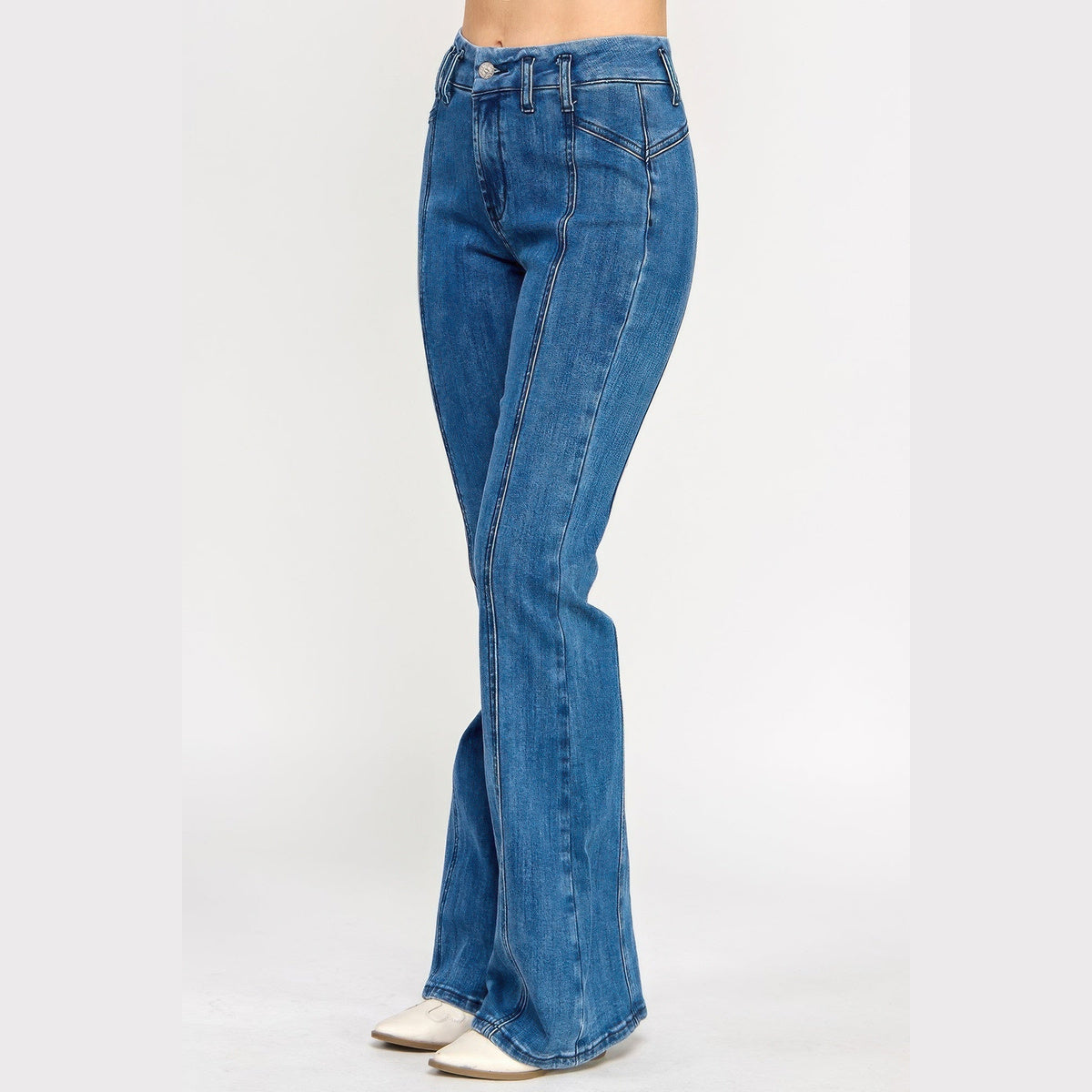 High-Rise Seam-Detail Bell-Bottom Jeans in blue, side view
