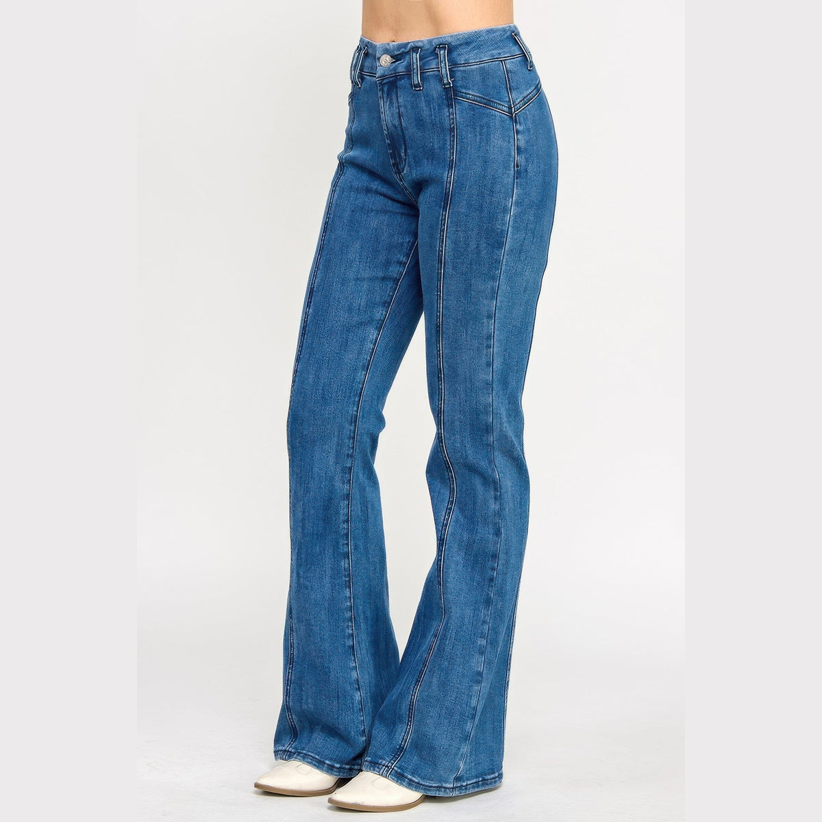 High-Rise Seam-Detail Bell-Bottom Jeans in blue, flared leg detail