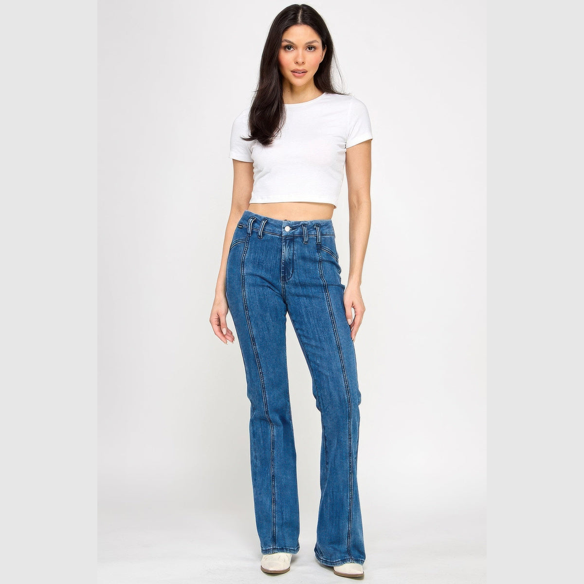 High-Rise Seam-Detail Bell-Bottom Jeans in blue, full outfit with fitted tee