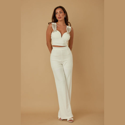 Jewel-Beaded Bow Two-Piece Set in white, front view on a model