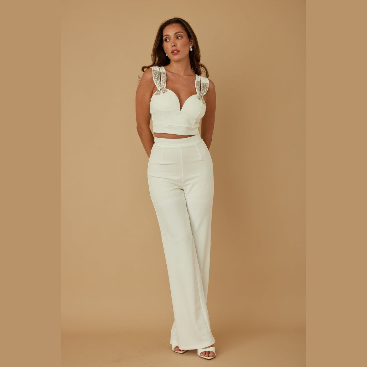 Jewel-Beaded Bow Two-Piece Set in white, front view on a model