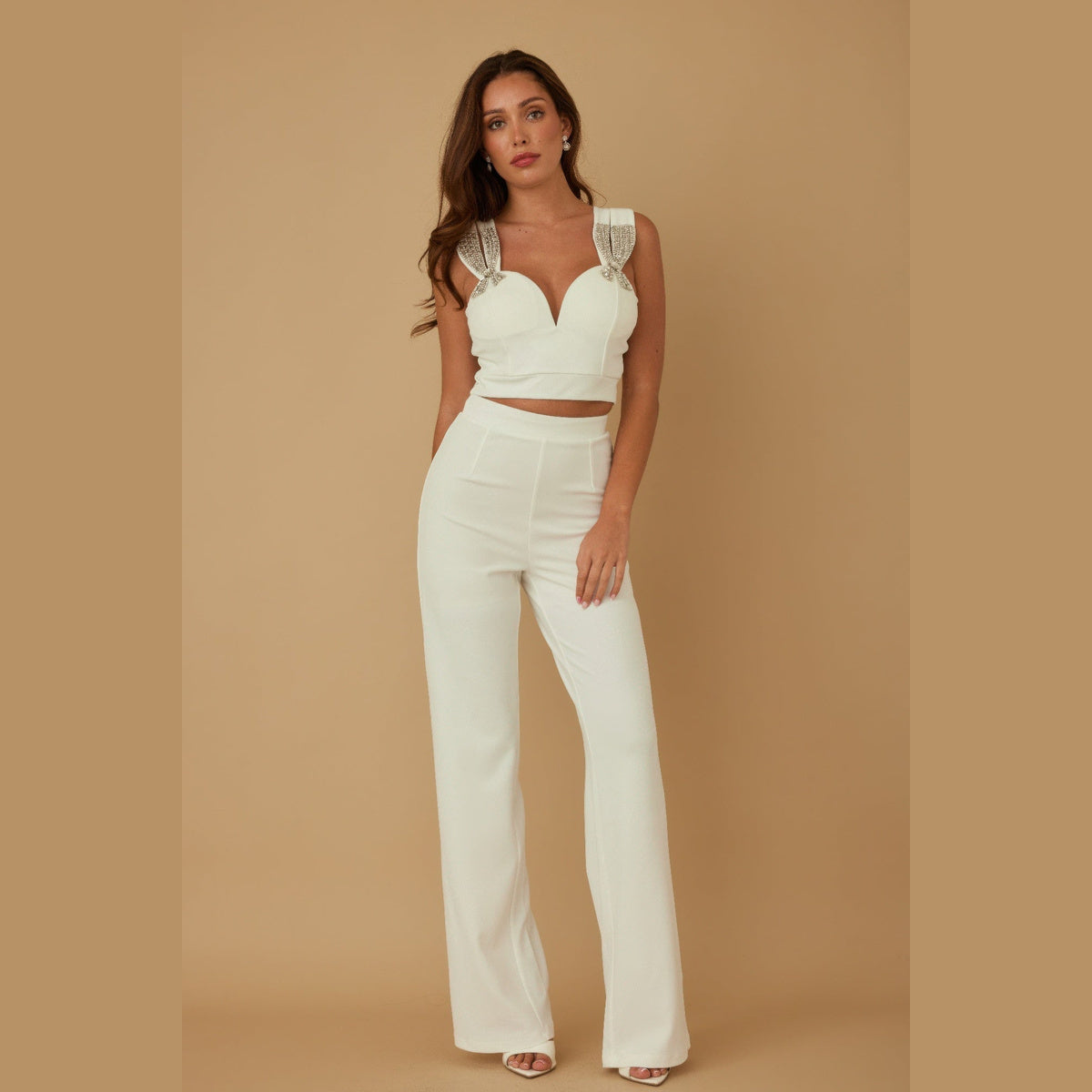 Jewel-Beaded Bow Two-Piece Set in white, front view