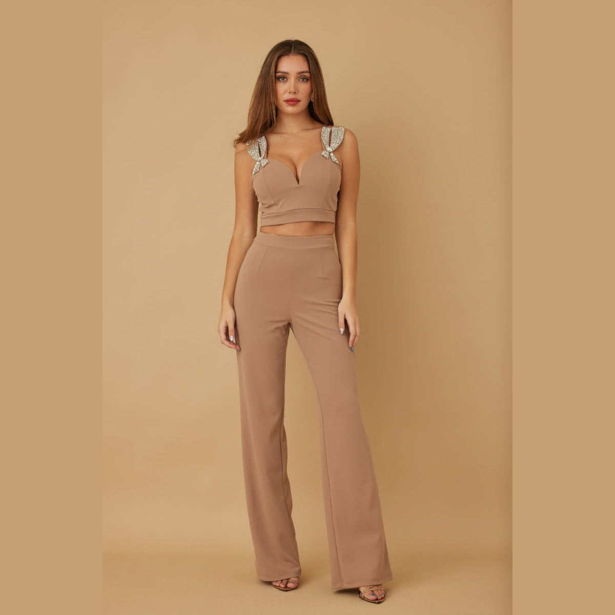 Jewel-Beaded Bow Two-Piece Set in mocha, front view on a model