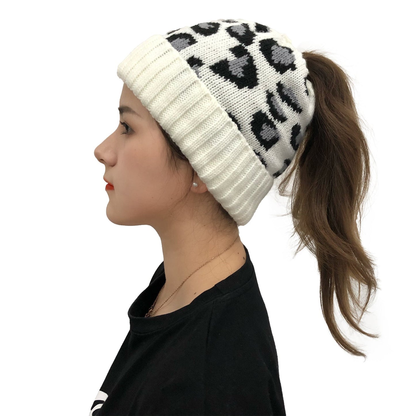 Leopard Jacquard Ponytail Knitted Woolen Hat – Minimal Elegance | The Simple Co – Practical cottage, minimalist style, quiet luxury aesthetic, modern essential – The Simple Co.