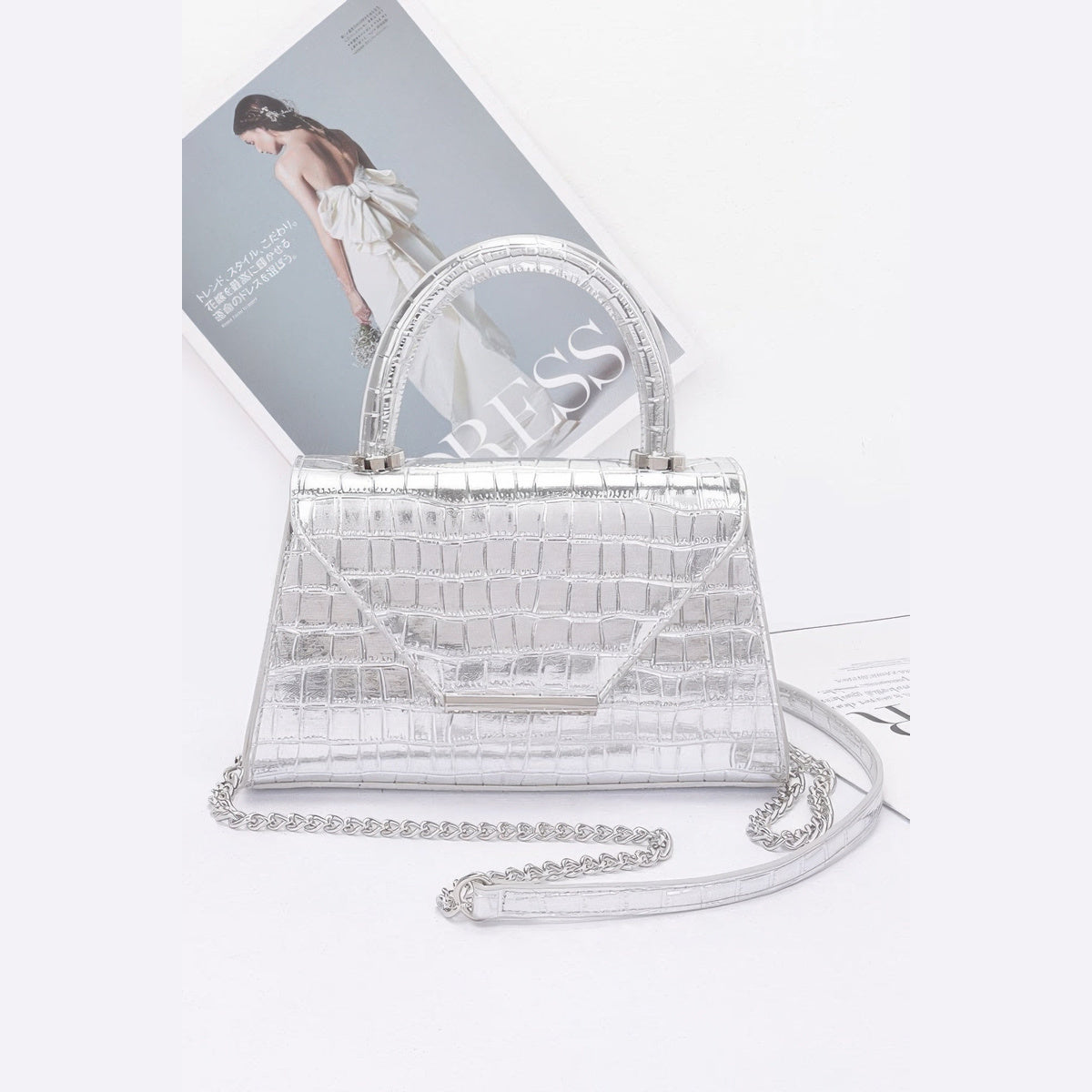 Metallic Croc Top Handle Bag in silver, front view with top handle and strap