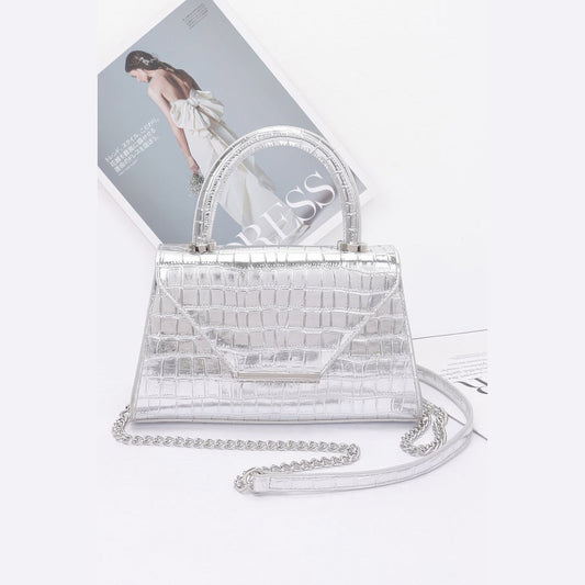 Metallic Croc Top Handle Bag in silver, front view with top handle and strap
