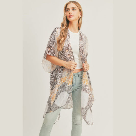 Mixed-Print Open-Front Kimono Layer in taupe, front view on a model