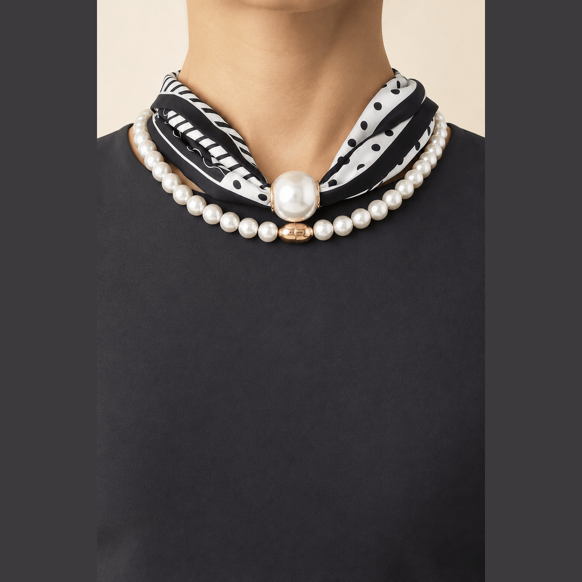 Scarf & Pearl-Effect Statement Necklace in black and white, worn around the neck
