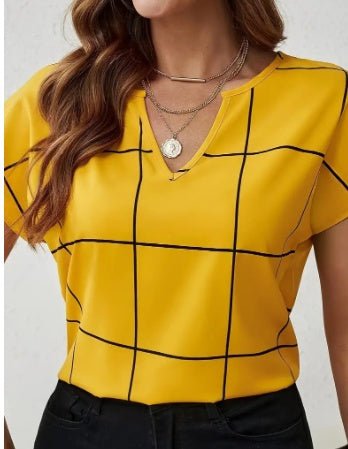 Plaid Print Notched Neck Blouse in L – Effortless Lightweight Summer Top for Women | The Simple Co. – Apparel & Accessories > Clothing > Shirt, minimalist style, quiet luxury aesthetic, modern essential – The Simple Co.