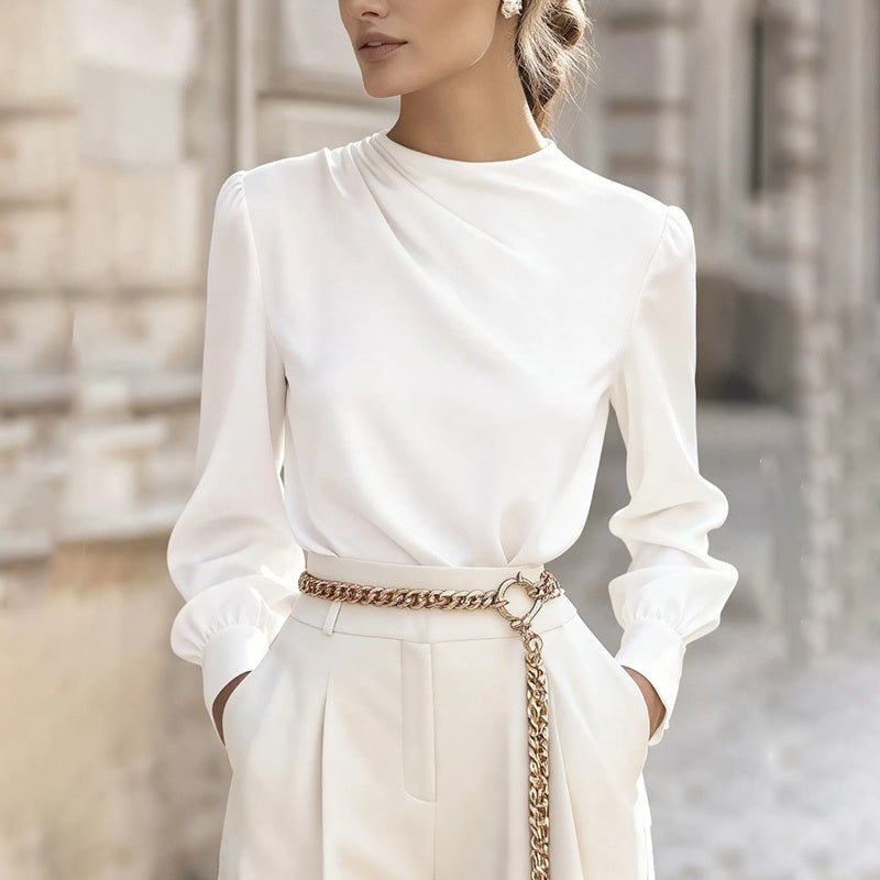 Pleated Long Sleeve Blouse, Round – Minimal Elegance | The Simple Co – Practical cottage, minimalist style, quiet luxury aesthetic, modern essential – The Simple Co.