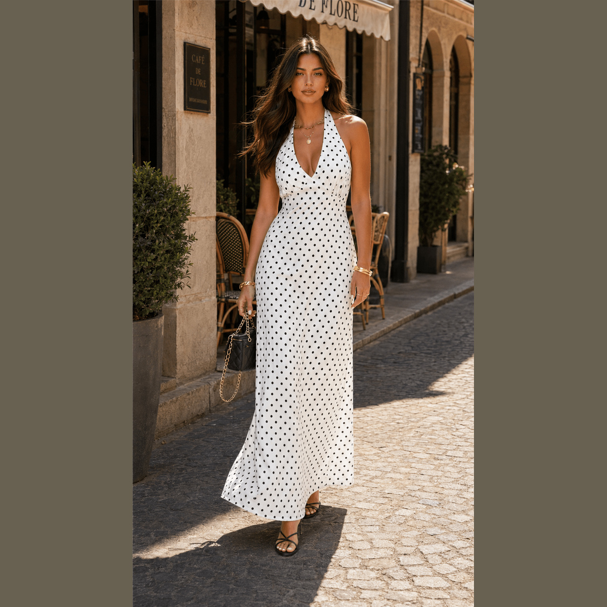 Polka-Dot Halter Maxi Dress in cream, styled outdoors