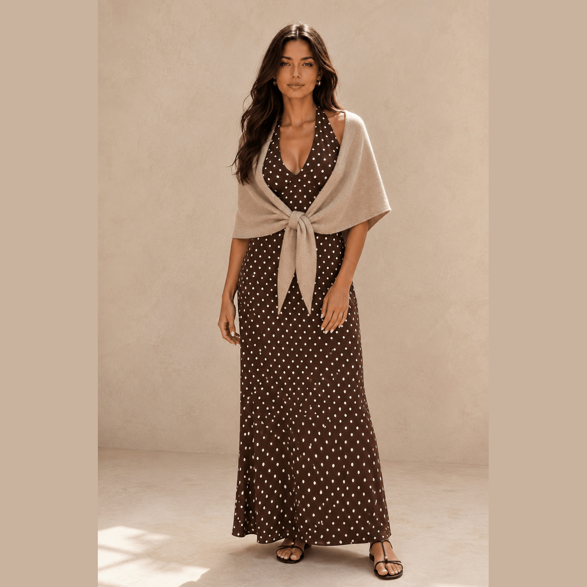 Soft Knit Triangle Shawl in khaki, worn with a dress