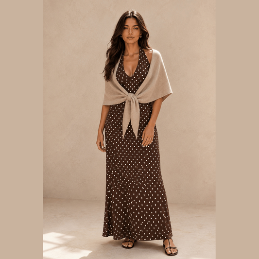 Soft Knit Triangle Shawl in khaki, worn with a dress