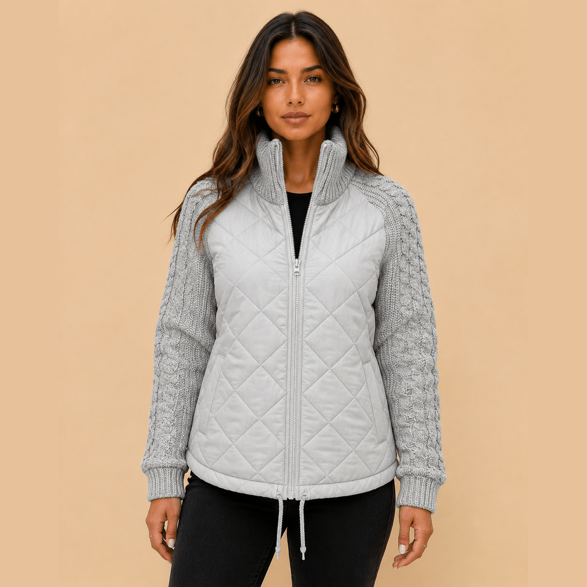 Quilted Knit-Sleeve Funnel Jacket in gray, front view on a model