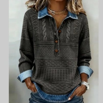 Retro Printed Stand Collar Long Sleeve Top – Minimal Elegance | The Simple Co – Women's Tops, minimalist style, quiet luxury aesthetic, modern essential – The Simple Co.