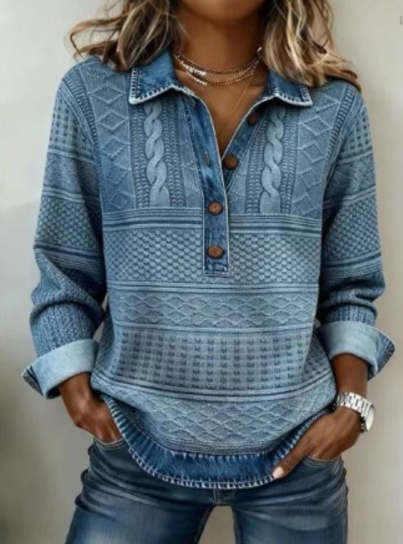 Retro Printed Stand Collar Long Sleeve Top – Minimal Elegance | The Simple Co – Women's Tops, minimalist style, quiet luxury aesthetic, modern essential – The Simple Co.