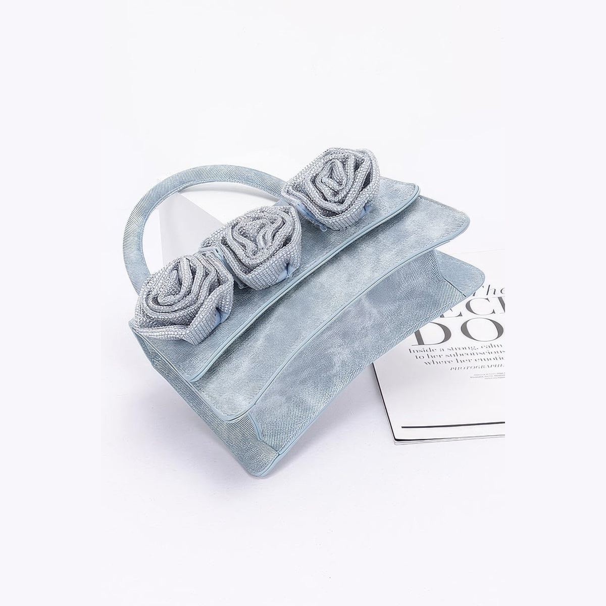 Rhinestone Flower Statement Bag in blue, base detail