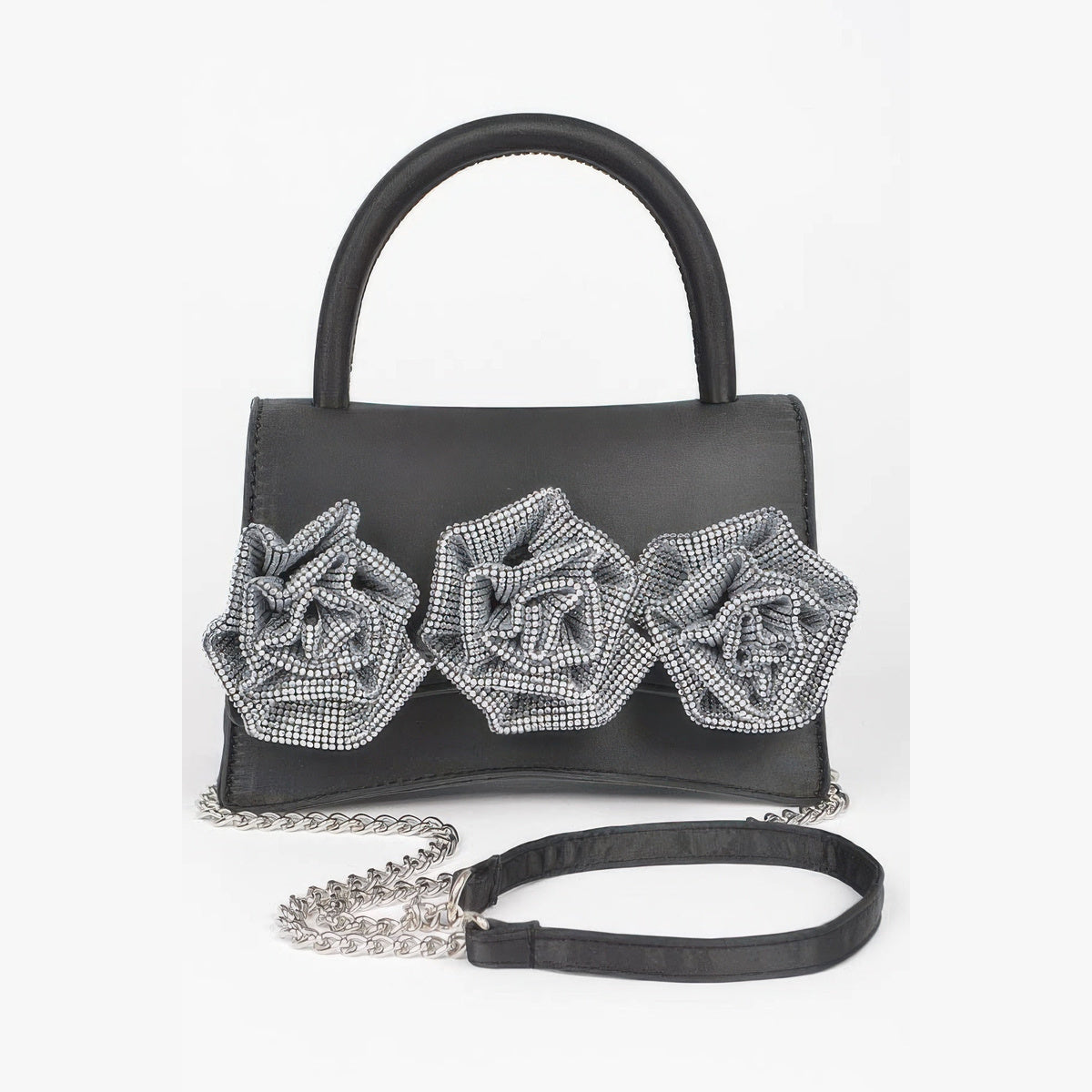 Rhinestone Flower Statement Bag in black, front view with flower embellishments