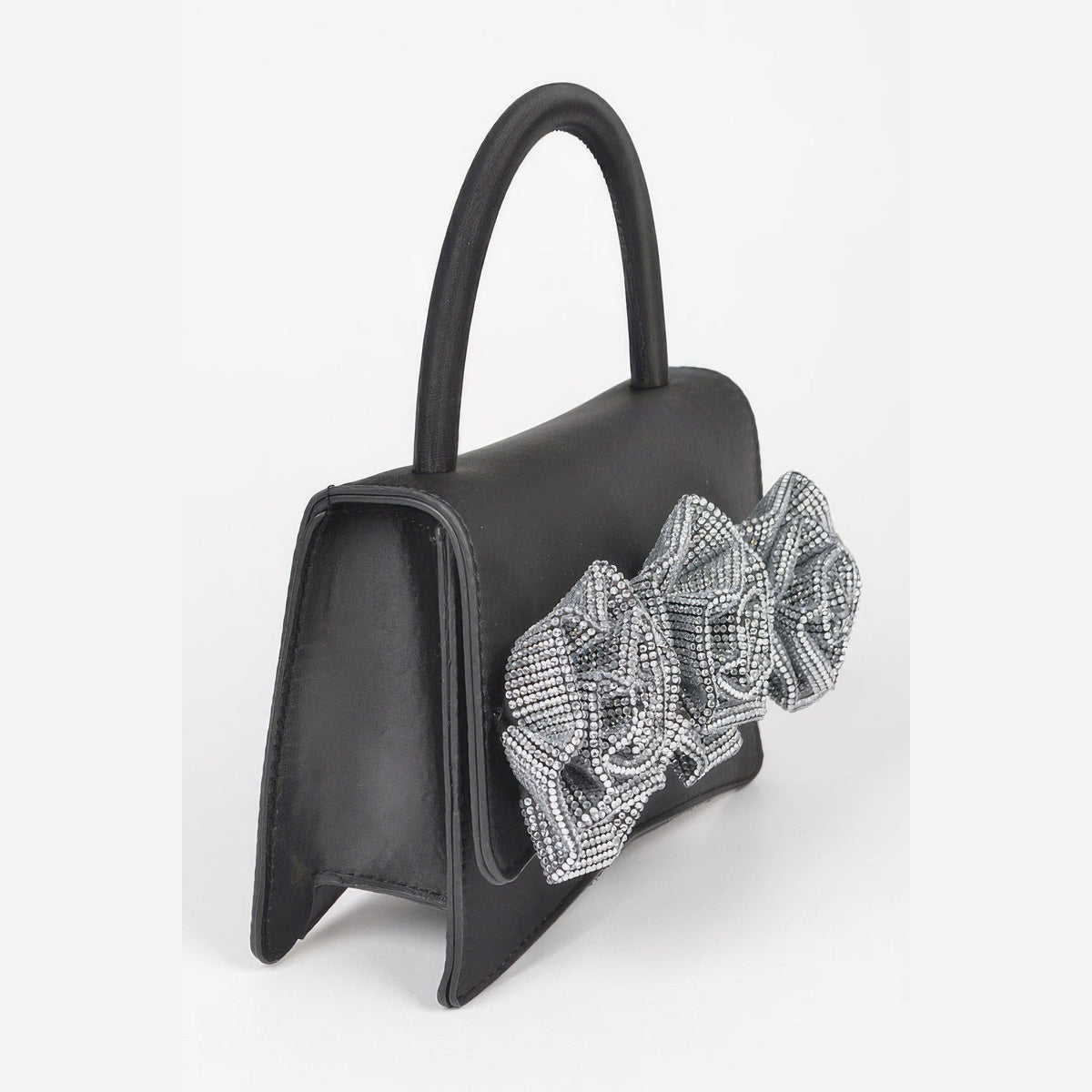 Rhinestone Flower Statement Bag in black, side view
