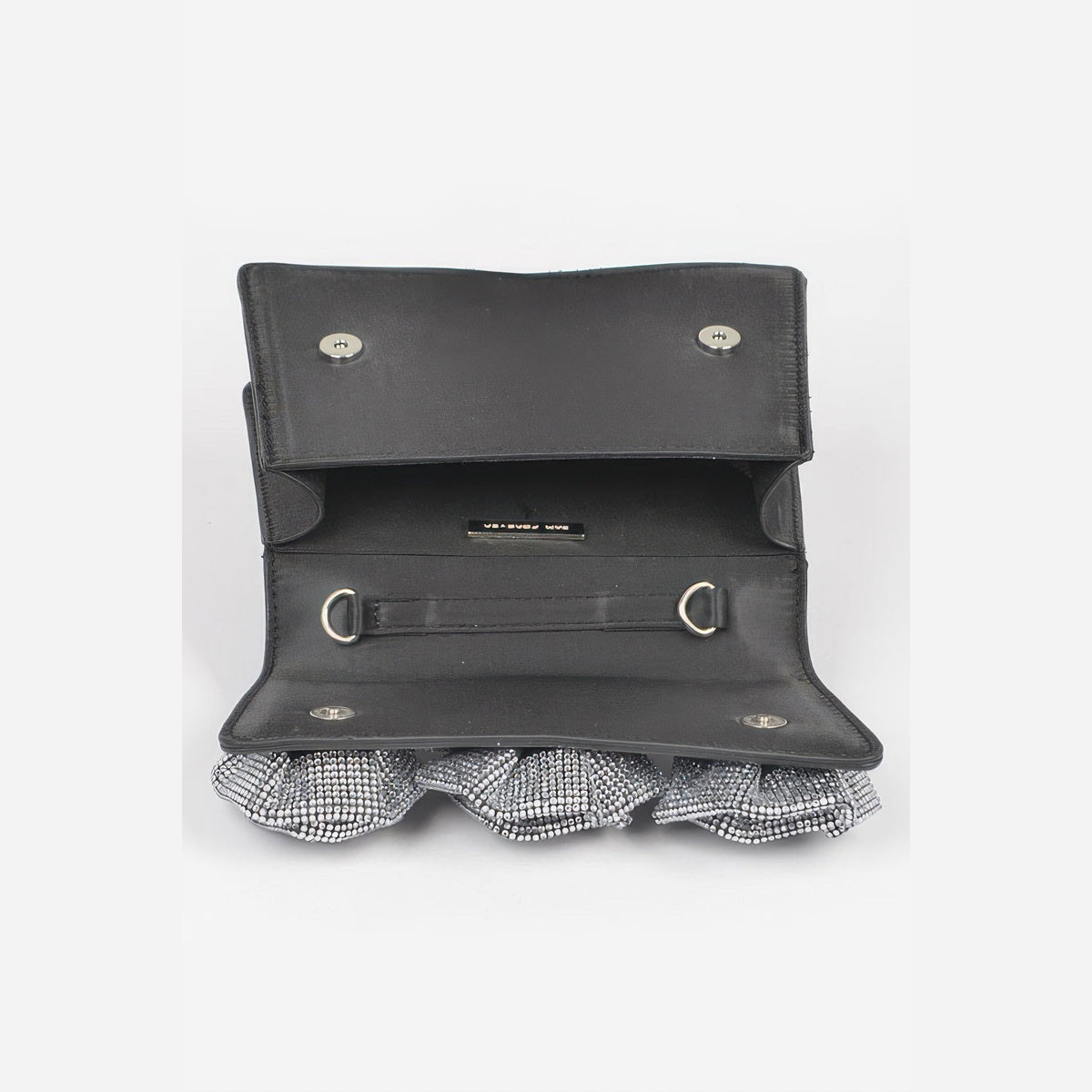 Rhinestone Flower Statement Bag in black, open interior and fastening detail
