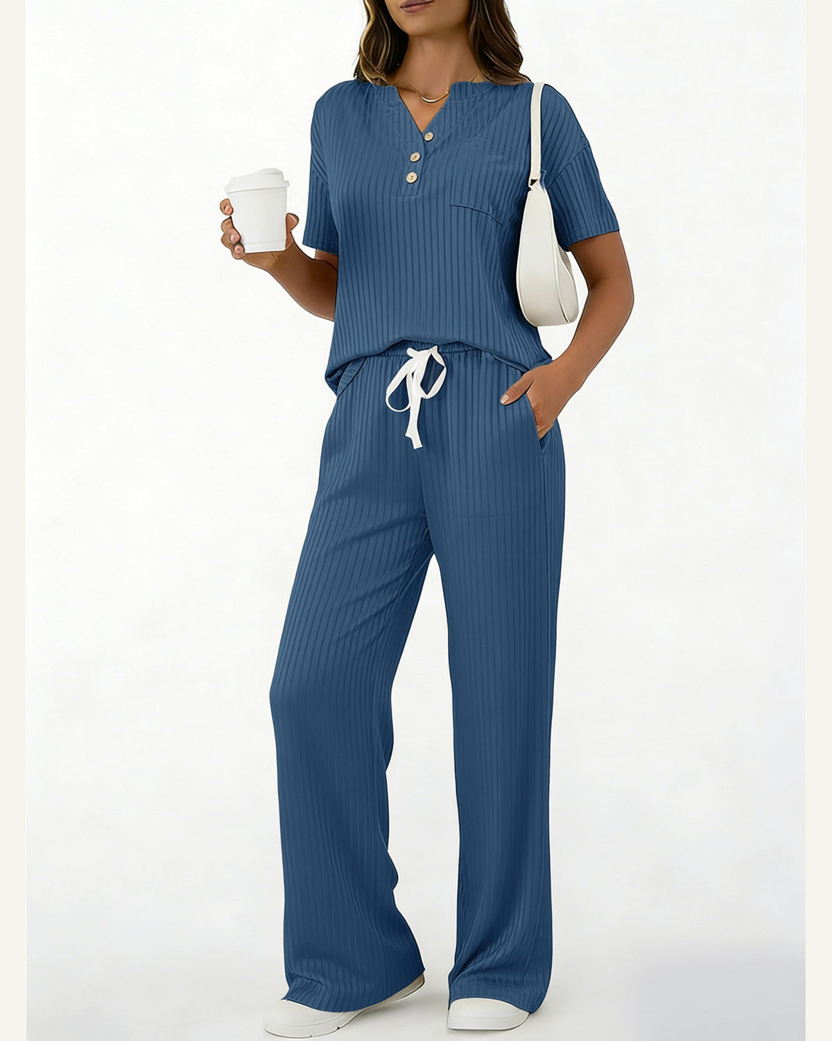 Ribbed Knit Top & Pant Set — Blue