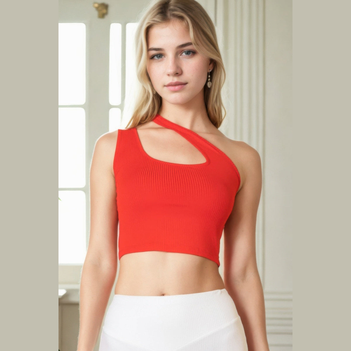 Ribbed One-Shoulder Cross-Strap Top in red, front view on a model