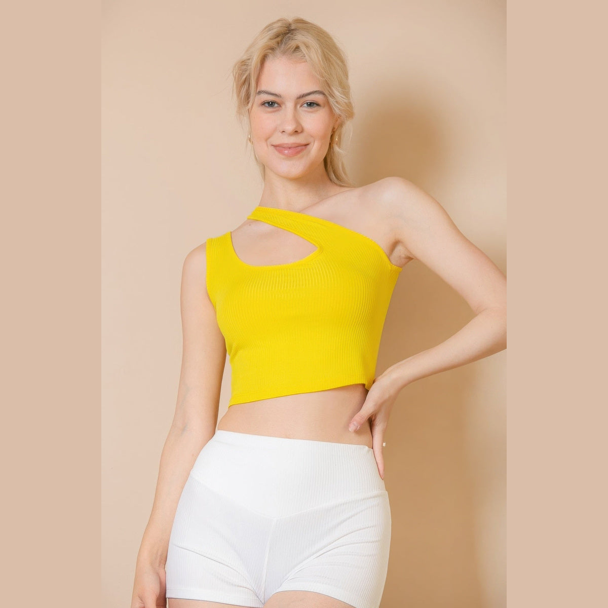 Ribbed One-Shoulder Cross-Strap Top in yellow, front view on a model