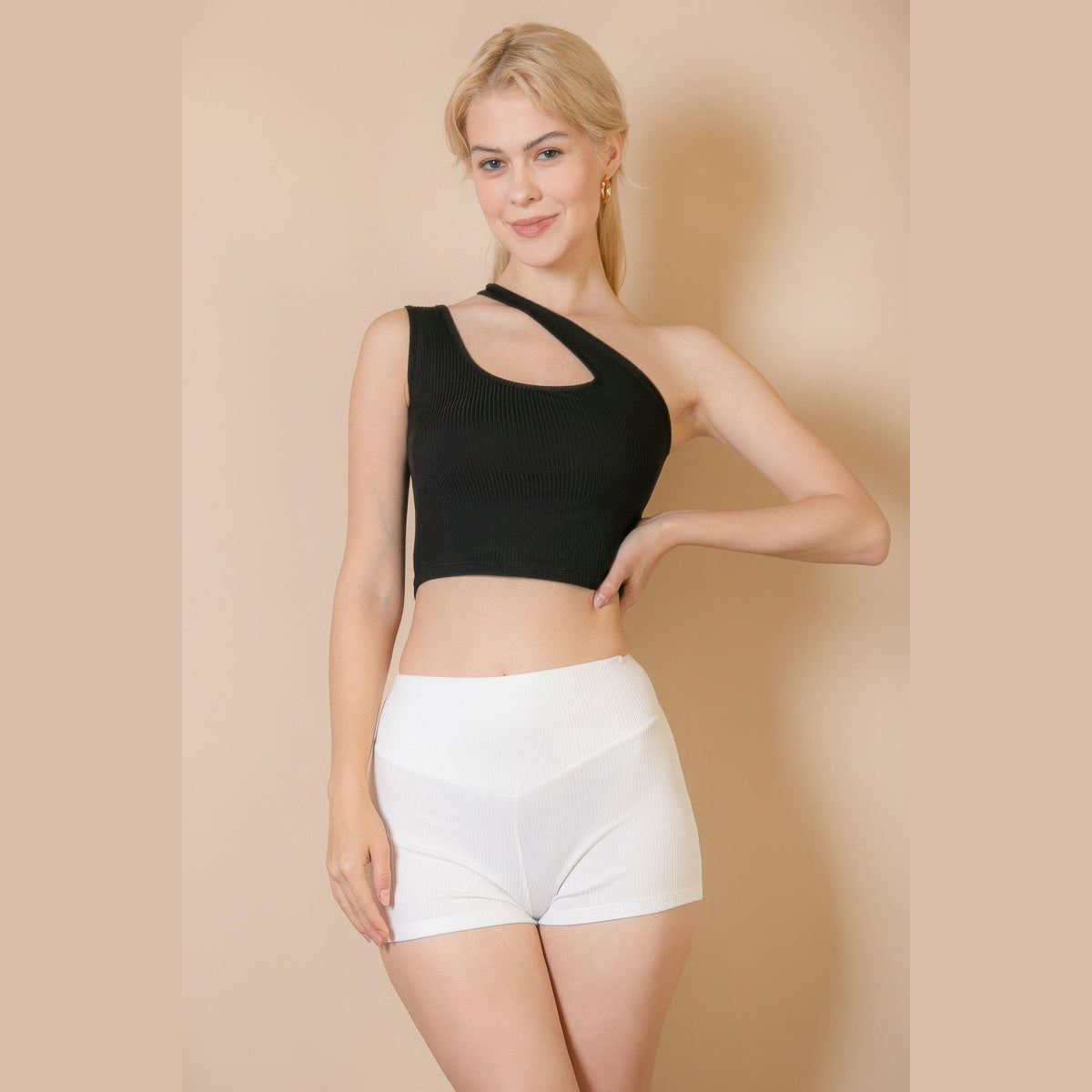 Ribbed One-Shoulder Cross-Strap Top in black, front view on a model