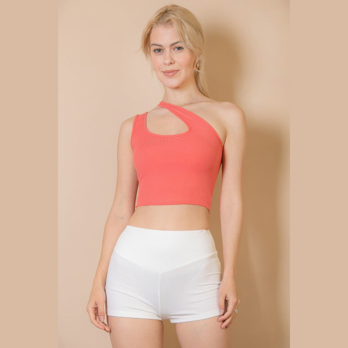 Ribbed One-Shoulder Cross-Strap Top in coral, front view on a model
