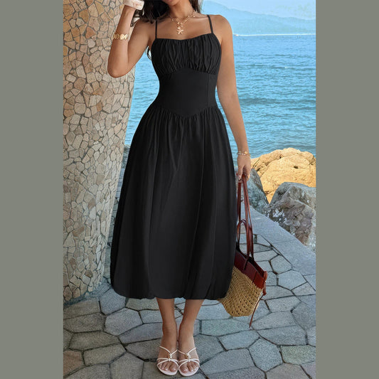 Ruched-Bust A-Line Dress in black, bodice and skirt detail