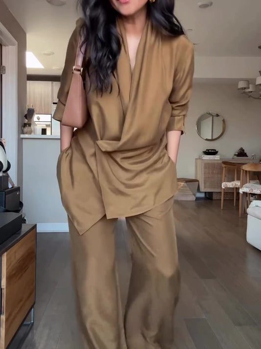 Satin Wrap Blouse and Wide-Leg Pants Set - The Simple Co.