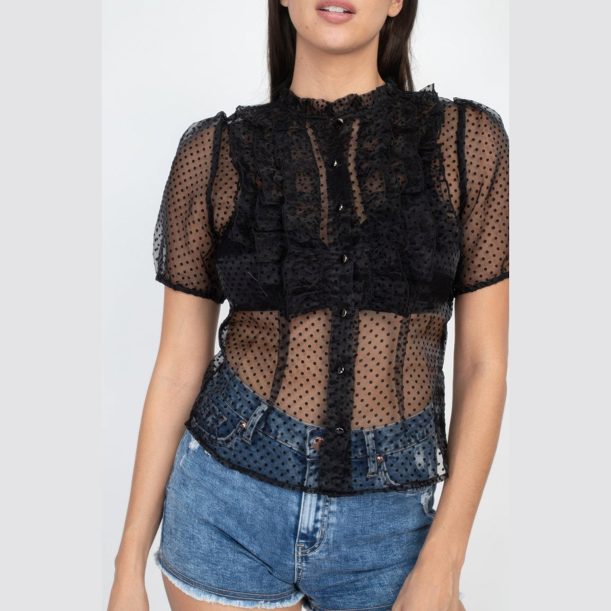 Sheer Ruffle-Trim Polka-Dot Top in black, sheer ruffle-trim detail