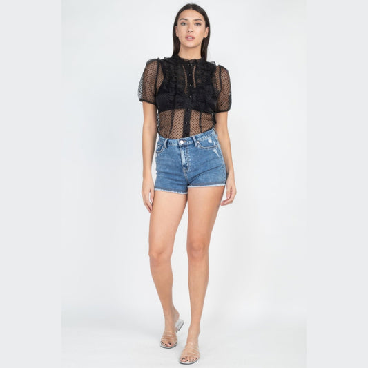 Sheer Ruffle-Trim Polka-Dot Top in black, full outfit