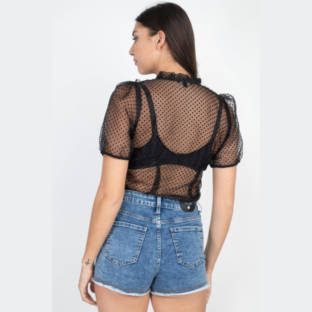 Sheer Ruffle-Trim Polka-Dot Top in black, back view