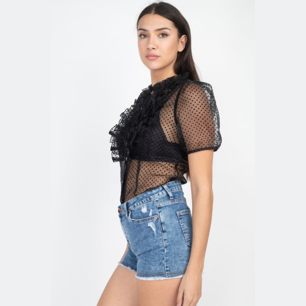 Sheer Ruffle-Trim Polka-Dot Top in black, side view