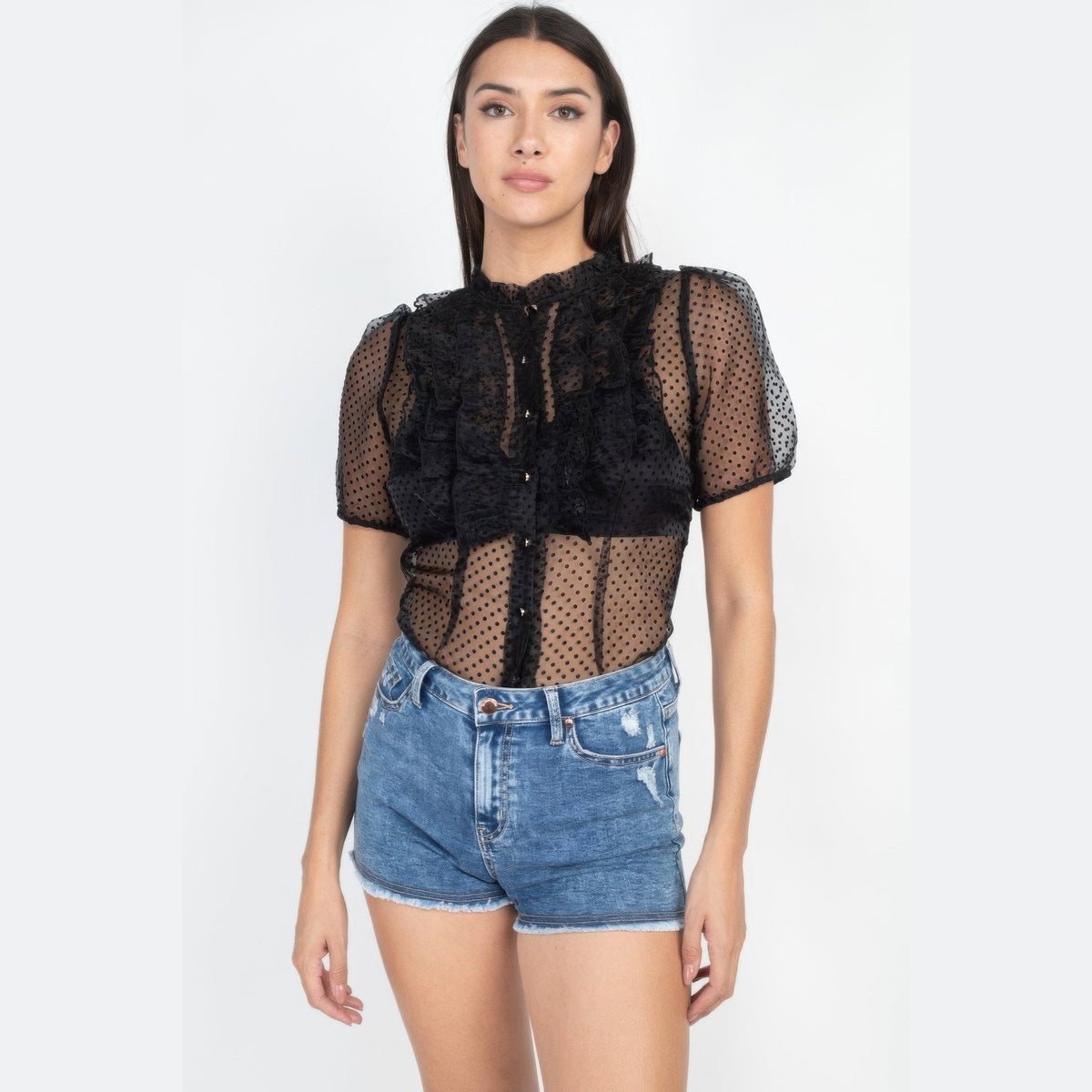 Sheer Ruffle-Trim Polka-Dot Top in black, front view