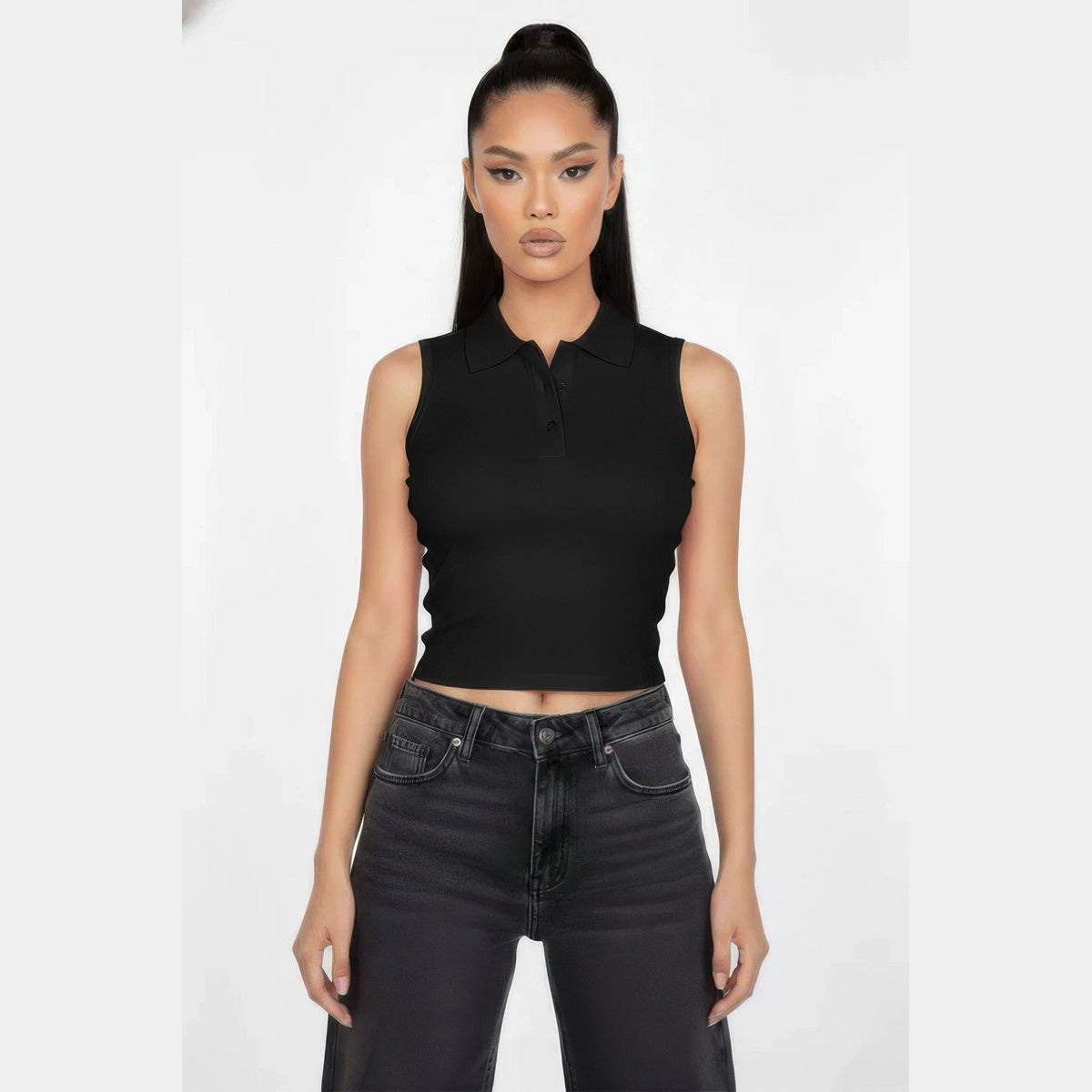 Sleeveless Polo-Collar Crop Top in black, front view