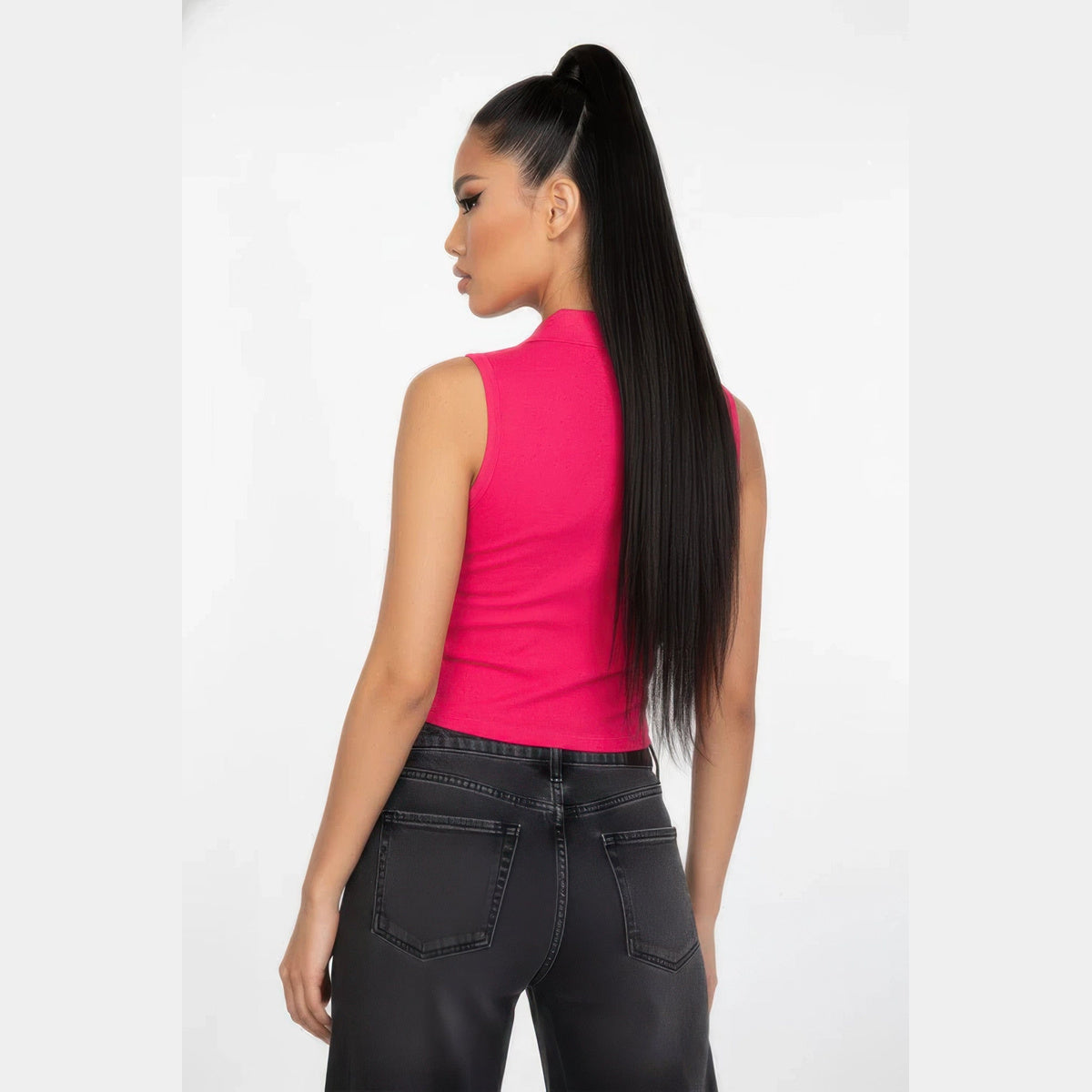 Sleeveless Polo-Collar Crop Top in fuchsia, back view