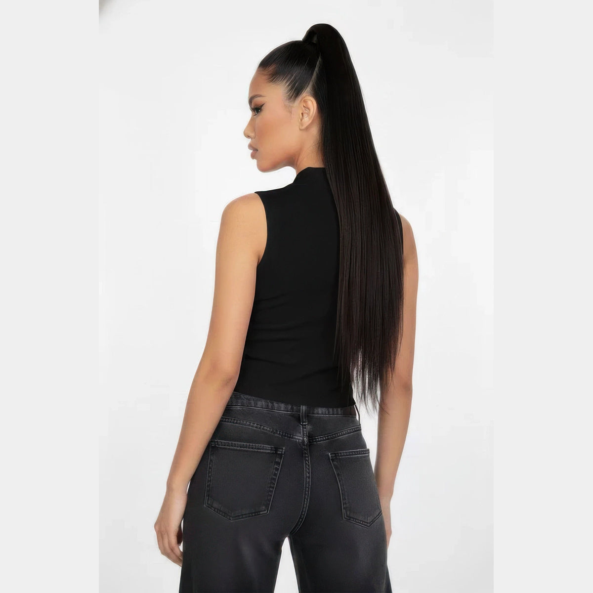 Sleeveless Polo-Collar Crop Top in black, back view