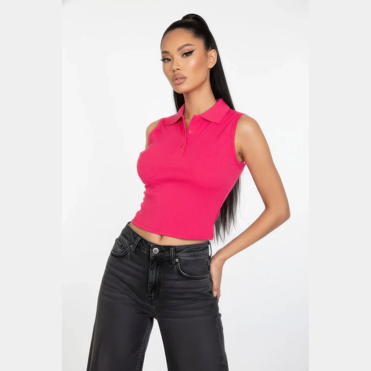 Sleeveless Polo-Collar Crop Top in fuchsia, front view